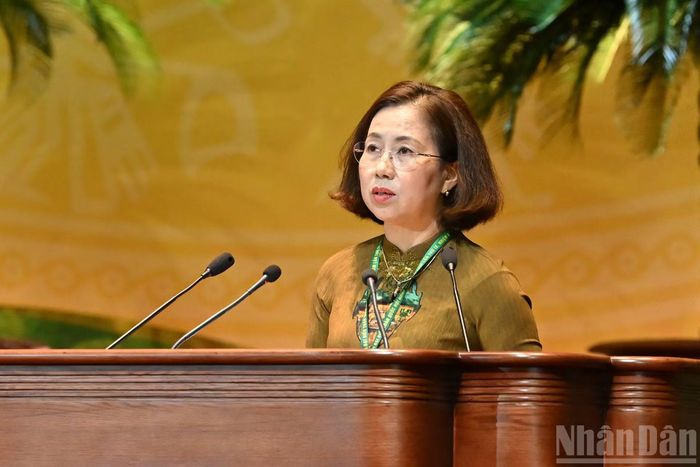 Phó Chủ tịch Ban Chấp hành Trung ương Hội Nông dân Việt Nam Bùi Thị Thơm phát biểu tại phiên làm việc.