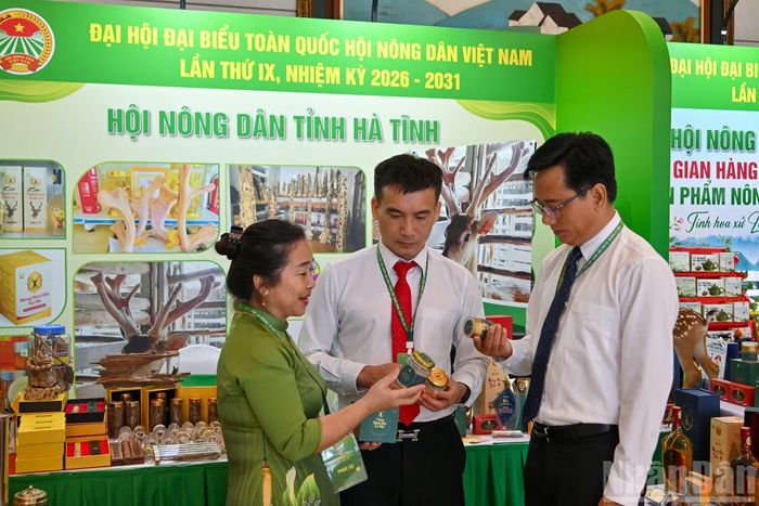 Các đại biểu tìm hiểu về sản phẩm nông nghiệp địa phương tại gian trưng bày của Hội Nông dân tỉnh Hà Tĩnh.