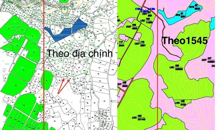 Theo phản ánh của người dân: Bản đồ địa chính 1999-2000 (ảnh bên trái) chưa có đất của Vinatea Mộc Châu, nhưng sau đo đạc 2015, diện tích đất của Vinatea Mộc Châu đã chồng lên đất của các hộ dân (ảnh bên phải).