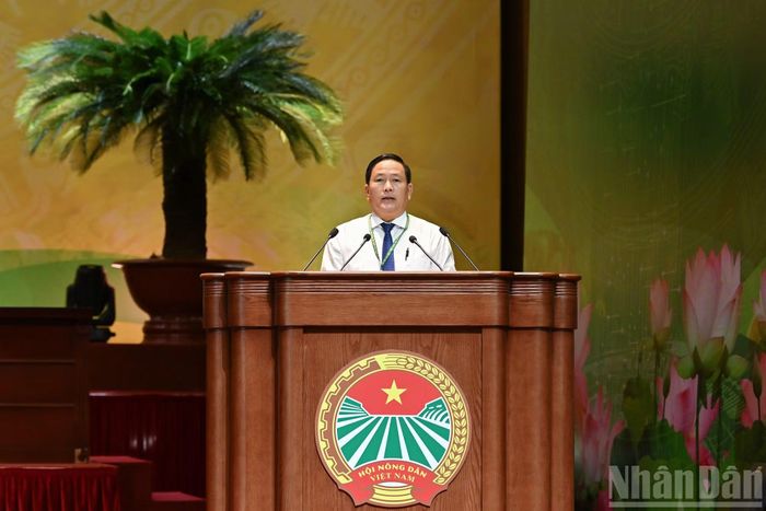 Chủ tịch Hội Nông dân tỉnh An Giang Nguyễn Văn Cọp trình bày tham luận tại phiên làm việc.