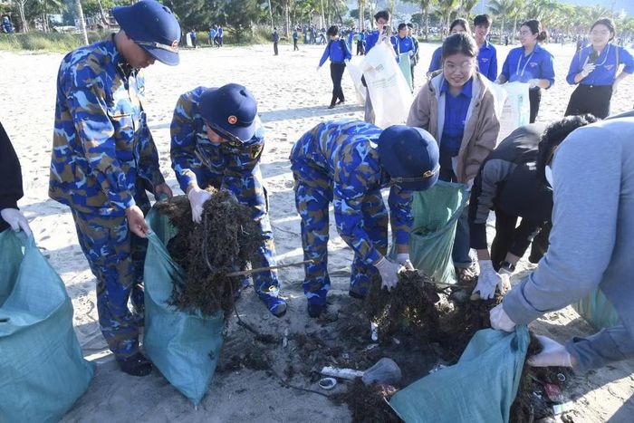 Cán bộ, chiến sĩ Vùng 3 Hải quân cùng với đoàn viên thanh niên trên địa bàn thu gom rác thải góp phần làm sạch môi trường biển.