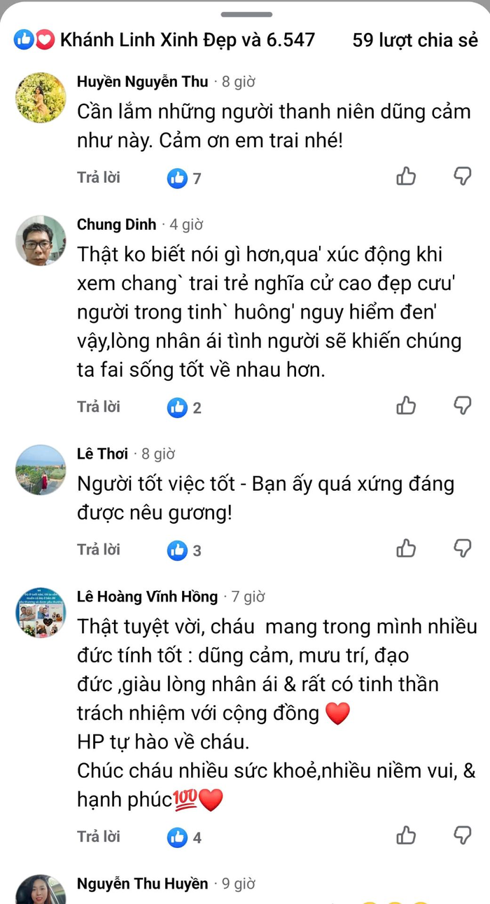  Hàng nghìn lượt người bày tỏ xúc động, khâm phục trước hành động dũng cảm cứu người của Phạm Thế Huy Hoàng. 
