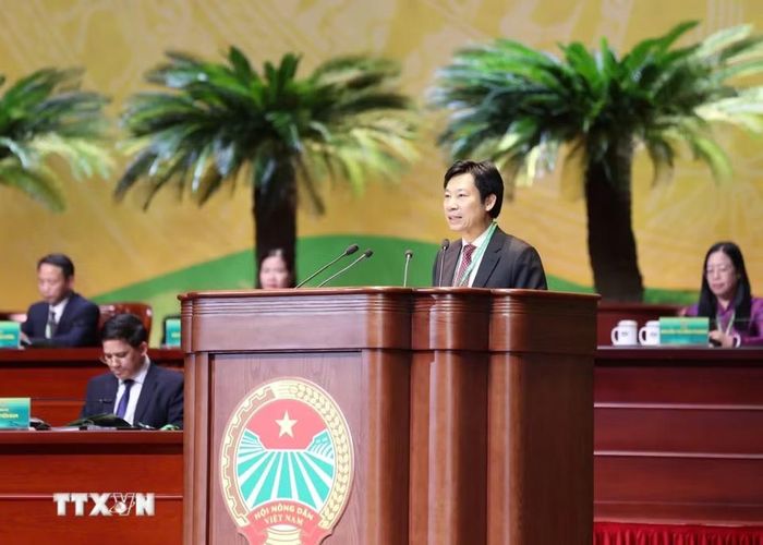 Phó Chủ tịch Hội Nông dân Việt Nam Nguyễn Xuân Định trình bày Quy chế làm việc của Đại hội. (Ảnh: Hoàng Hiếu/TTXVN)