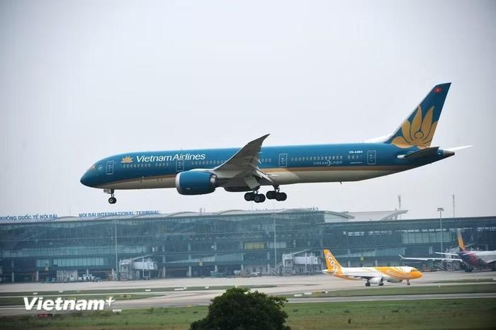 Máy bay của Vietnam Airlines chuẩn bị hạ cánh tại Sân bay Quốc tế Nội Bài. (Ảnh: PV/Vietnam+)