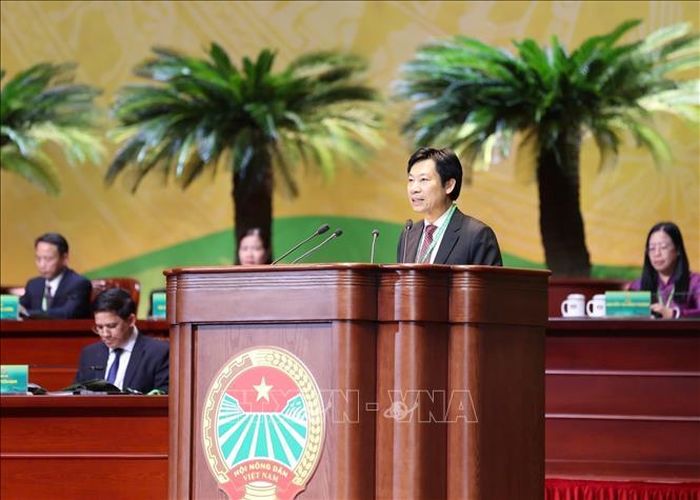 Phó Chủ tịch Hội Nông dân Việt Nam Nguyễn Xuân Định trình bày Quy chế làm việc của Đại hội. Ảnh: Hoàng Hiếu/TTXVN