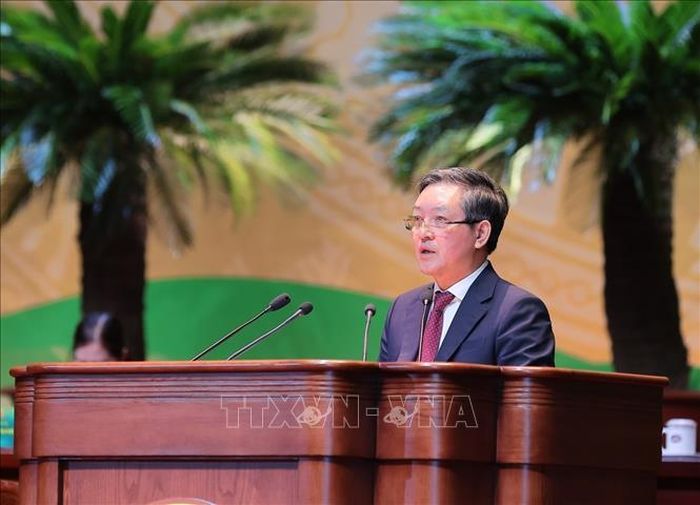 Chủ tịch Hội Nông dân Việt Nam khóa VIII Lương Quốc Đoàn trình bày Đề án nhân sự Ban Chấp hành Hội Nông dân Việt Nam khóa IX, nhiệm kỳ 2026 - 2031. Ảnh: Hoàng Hiếu/TTXVN.