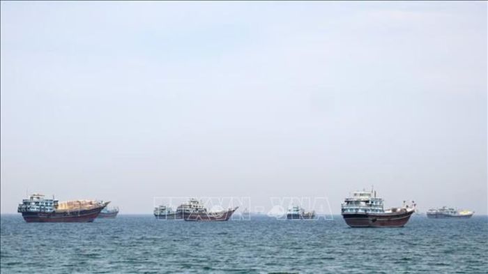 Tàu thuyền di chuyển qua eo biển Hormuz ngày 20/5/2026. Ảnh: MNA/TTXVN