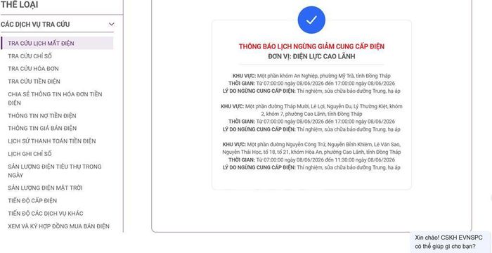 Lịch ngừng cấp điện tại Đồng Tháp ngày mai 8/6 được cập nhật 15h00 ngày 7/6 tại website của EVNSPC. Ảnh: BNEWS phát