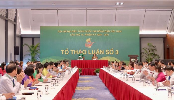 Bà Bùi Thị Thơm, Phó Chủ tịch Ban Chấp hành Trung ương Hội Nông dân Việt Nam (bên phải) và bà Phạm Hải Hoa, Ủy viên Ban Thường vụ Trung ương Hội, Chủ tịch Hội Nông dân thành phố Hà Nội, chủ trì tổ thảo luận số 3