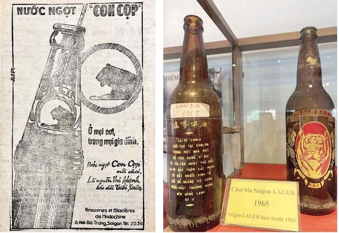 Quảng cáo thương hiệu Con Cọp trên báo Sài Gòn trước 4.1975 (trái) và hiện vật xưa tại Phòng trưng bày của Nhà máy Bia Sài Gòn. Ảnh: TL - TDTT