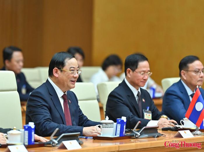 Thủ tướng Sonexay Siphandone cùng lãnh đạo Chính phủ Lào tại hội đàm.