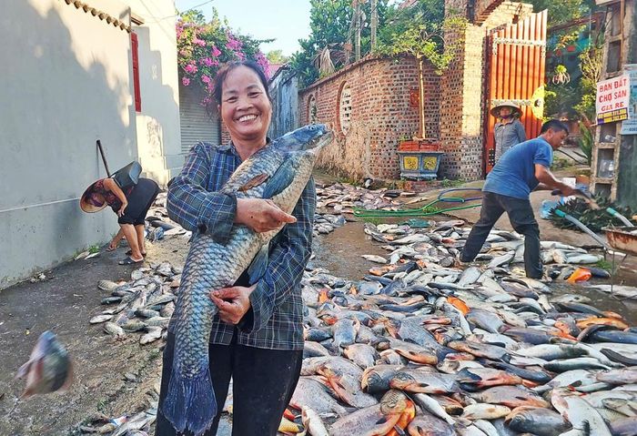  Người dân thôn Phương Lạn 3 thích thú bên con cá trắm đen nặng gần chục cân vừa được kéo lên. 