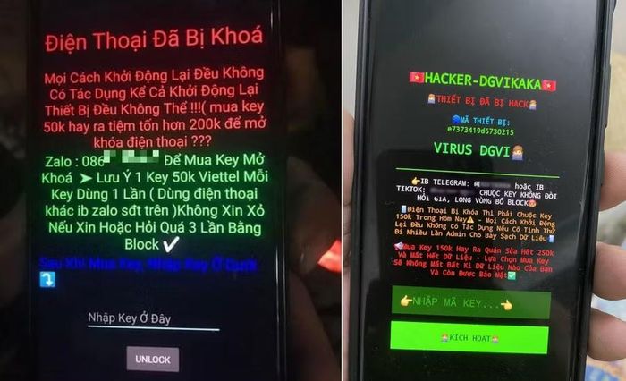  Một vài kiểu thông báo của ứng dụng tống tiền khi chiếm quyền kiểm soát màn hình smartphone. Ảnh: TT/Văn Đại 
