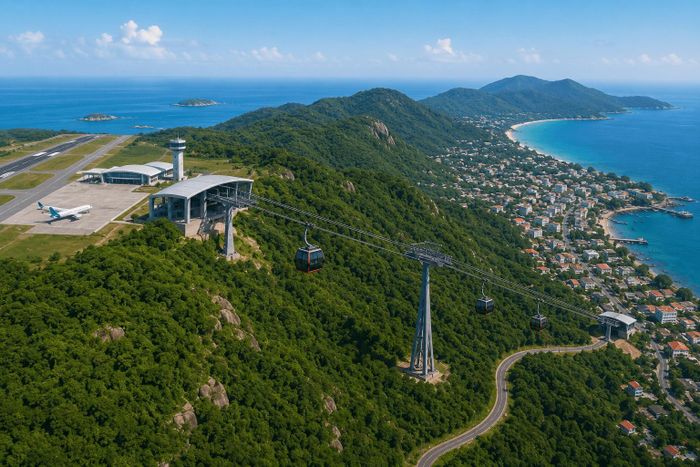 Đề xuất xây dựng tuyến cáp treo sẽ kết nối từ sân bay Cỏ Ống, đi qua khu vực núi Nhà Bàn và đến trung tâm đặc khu Côn Đảo. Ảnh minh họa