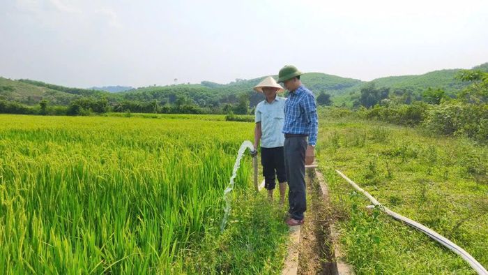 Cán bộ xã Tuyên Lâm hỗ trợ người dân chống hạn cho ruộng lúa - Ảnh: Q.V