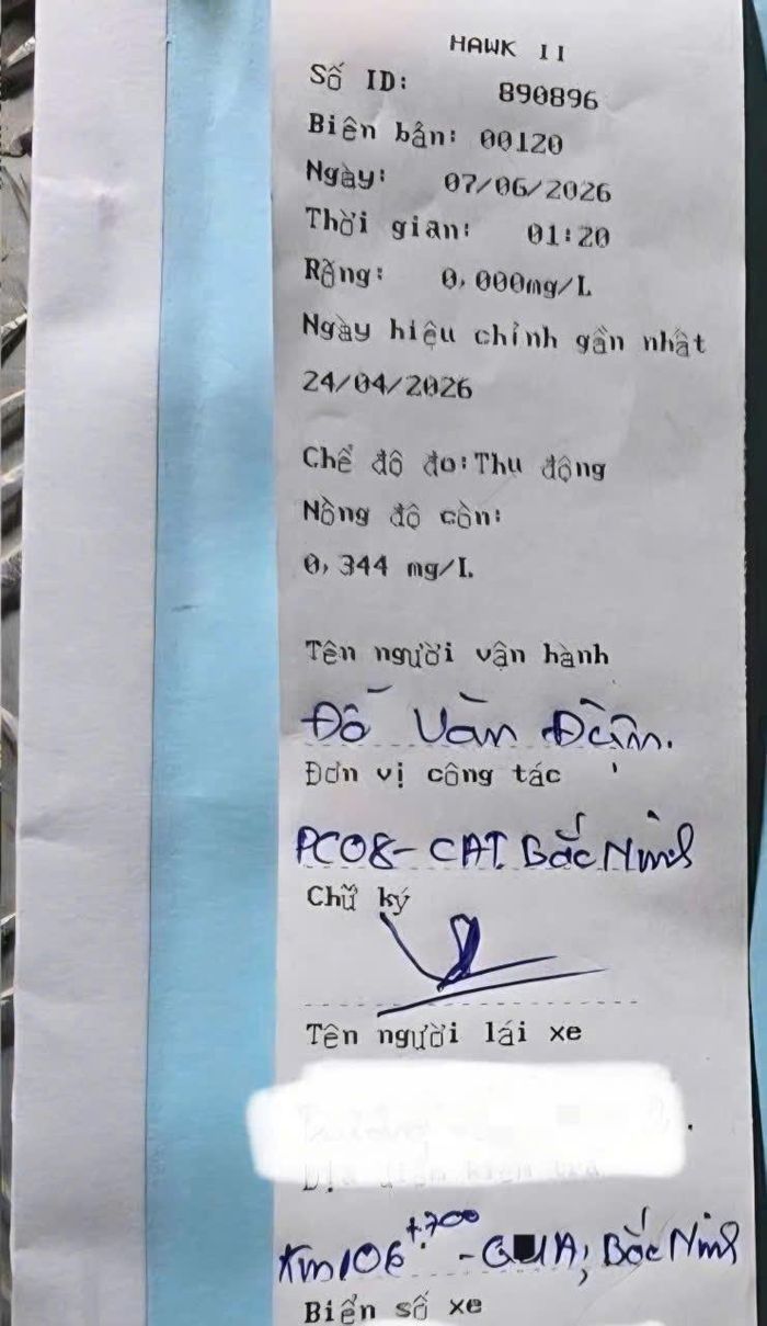 Phiếu kiểm tra nồng độ cồn của nam tài xế.