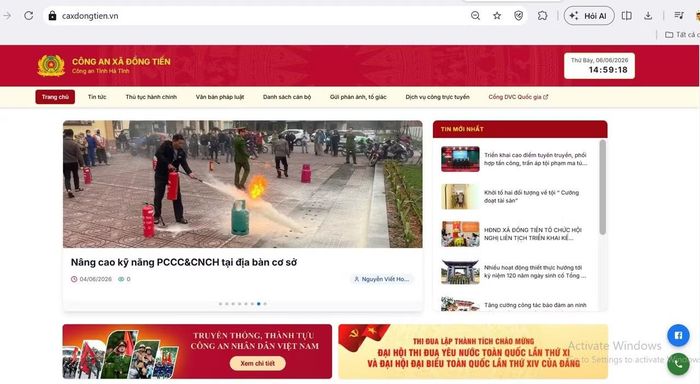 Giao diện Cổng thông tin điện tử Công an xã Đồng Tiến.