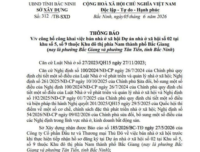 Thông báo mở bán nhà ở xã hội của Sở Xây dựng tỉnh Bắc Ninh.