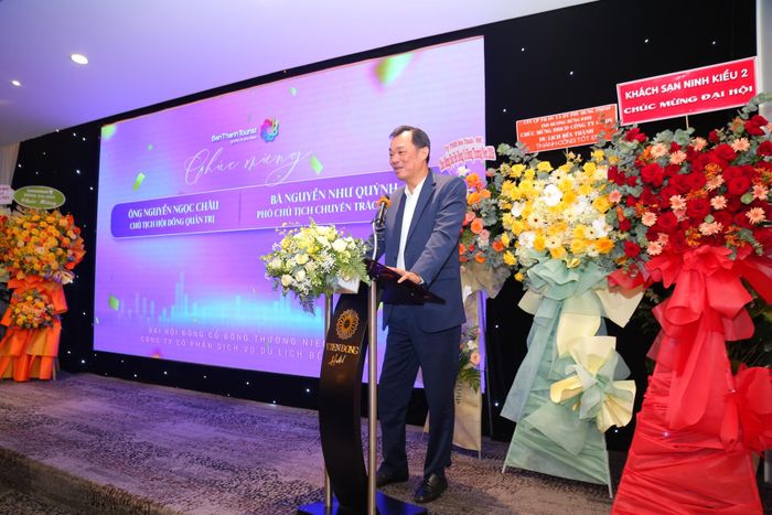 Ông Nguyễn Ngọc Châu, Tân Chủ tịch HĐQT, phát biểu tại đại hội.