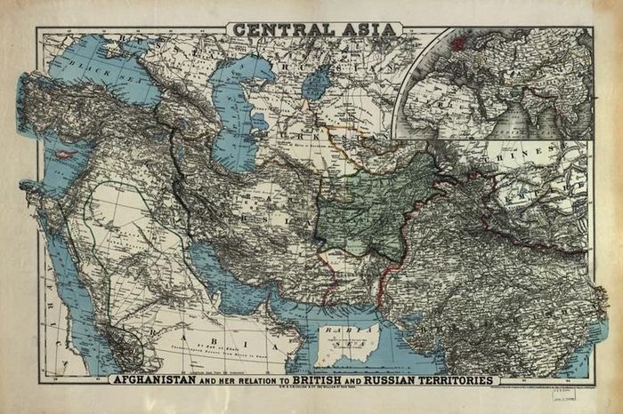 Bản đồ Afghanistan năm 1885 trong tương quan với các lãnh thổ thuộc Anh và Nga tại Trung Á. (Thuộc phạm vi công cộng, lấy từ Wikimedia Commons).