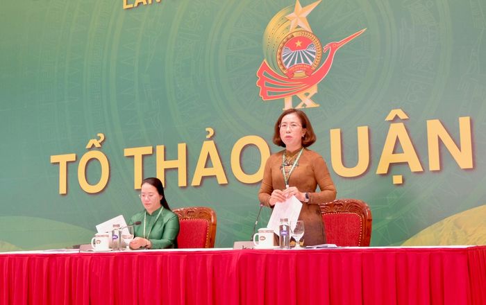 Bà Bùi Thị Thơm, Phó Chủ tịch Hội Nông dân Việt Nam phát biểu tại tổ. Ảnh: Tùng Nguyễn.