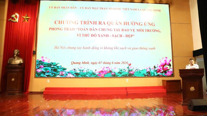 Chủ tịch Ủy ban MTTQ Việt Nam xã Quang Minh Lê Sỹ Cường phát biểu tại lễ phát động. Ảnh: PV