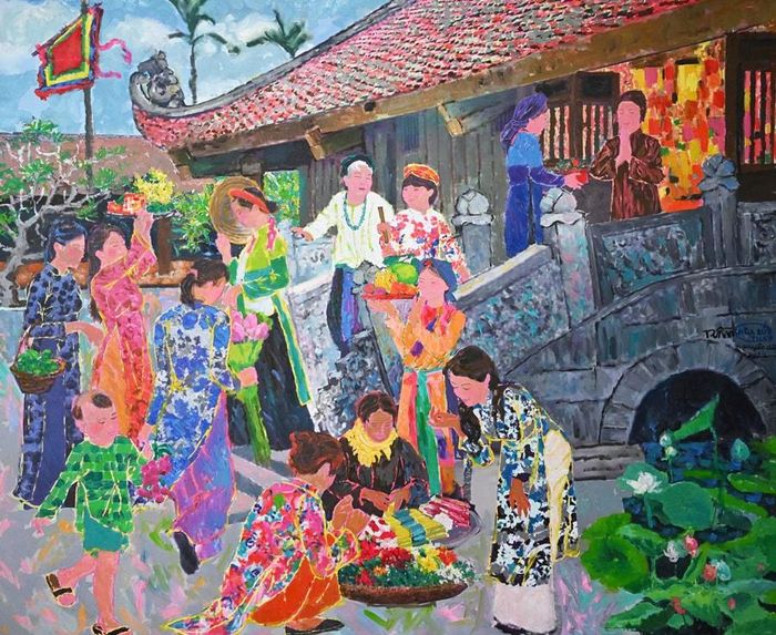 Tác phẩm "Lễ rằm chùa Bút Tháp" (sơn dầu - 2022).