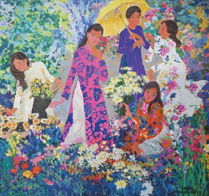 “Năm cô gái bên hoa” - tác phẩm trong triển lãm “Những ngày thảnh thơi” của họa sĩ Trần Nguyên Dũng.