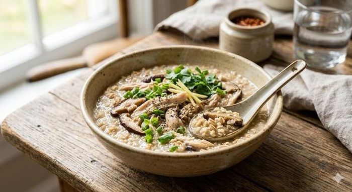 Cháo yến mạch ức gà nấm hương giúp giảm cân và săn chắc cơ.