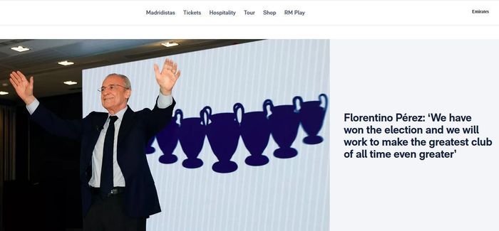 Bài đăng trên trang chủ Real xác nhận đương kim Chủ tịch Perez sẽ tiếp tục lãnh đạo Real Madrid trong nhiệm kỳ 2026-2030.