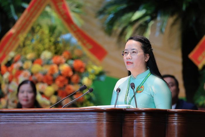 Đồng chí Phạm Hải Hoa, Chủ tịch Hội Nông dân thành phố Hà Nội trình bày tham luận tại Đại hội. Ảnh: Lê Đông - TTXVN