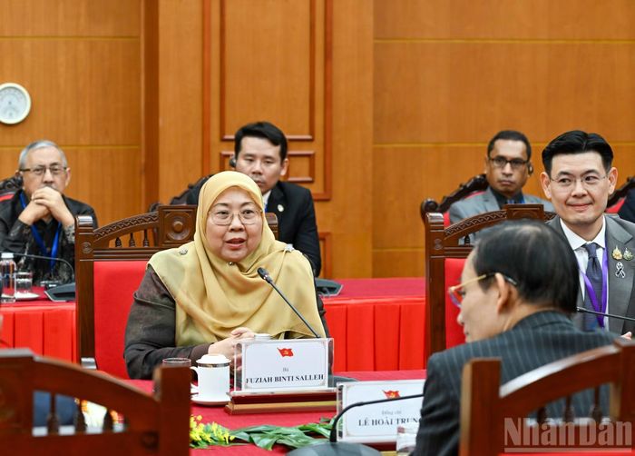 Tổng Thư ký, Thứ trưởng Thương mại nội địa Malaysia, đại diện Đảng Công lý Nhân dân (PKR) Fuziah Salleh phát biểu tại cuộc tiếp. (Ảnh: DUY LINH)