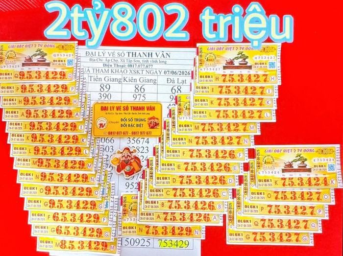 Giải độc đắc và giải an ủi của vé số Đà Lạt trúng tại tỉnh Vĩnh Long. Ảnh: ĐLVS Thanh Vân