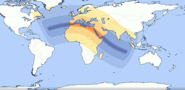 Bản đồ đánh dấu các khu vực quan sát được nhật thực: Màu càng sậm, mức độ che phủ của Mặt Trăng càng cao - Ảnh: TIME AND DATE