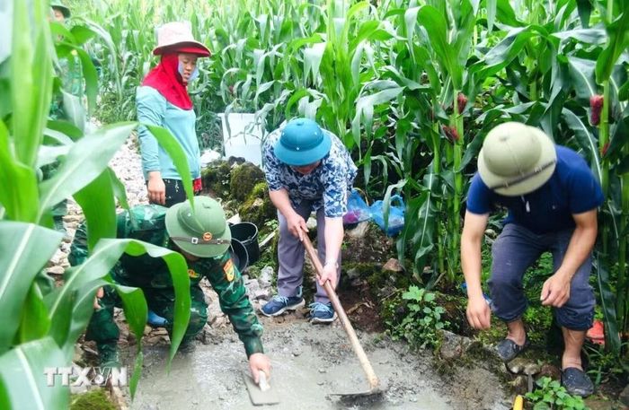Cán bộ, chiến sỹ Đồn Biên phòng Tùng Vài cùng người dân địa phương tham gia đổ bê tông tuyến đường tại thôn Chín Sang, xã Tùng Vài (Tuyên Quang). (Ảnh: Hoàng Chính/TTXVN phát)