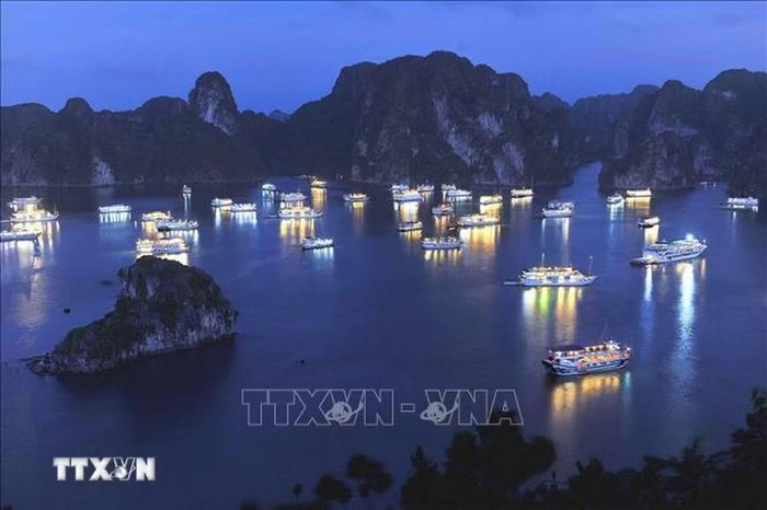 Du thuyền trên Vịnh Hạ Long vào ban đêm. (Ảnh: TTXVN)