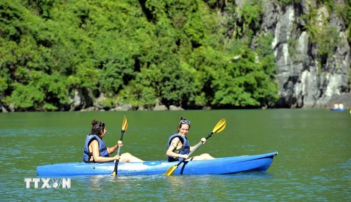 Du khách trải nghiệm chèo thuyền kayak, thuyền tay trên vịnh Hạ Long. (Ảnh: Thanh Vân/TTXVN)