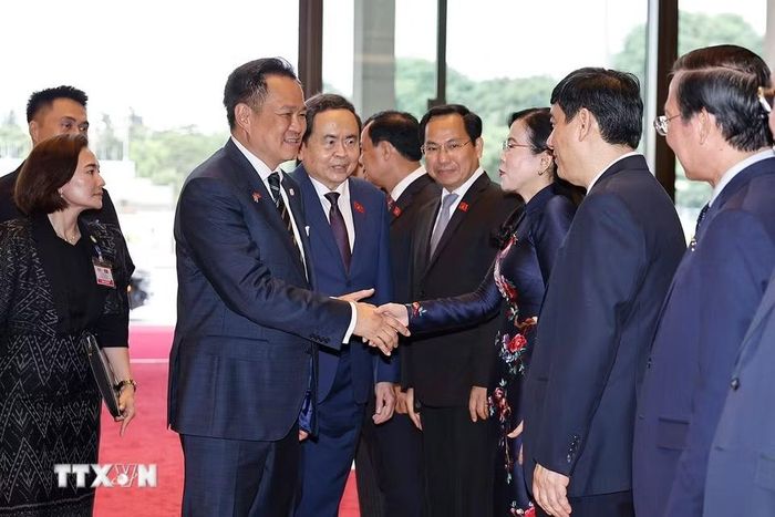 Chủ tịch Quốc hội Trần Thanh Mẫn và đoàn đại biểu Việt Nam đón Thủ tướng Thái Lan Anutin Charnvirakul. (Ảnh: Doãn Tấn/TTXVN)