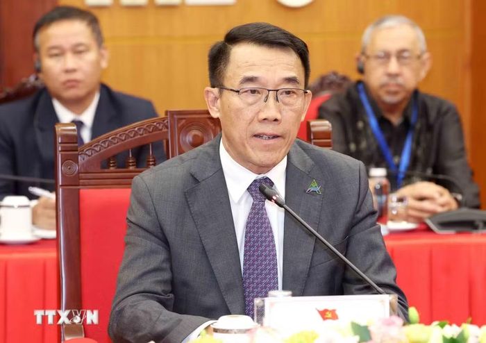 Ông Bounleua Phandanouvong, Ủy viên Trung ương Đảng, Trưởng ban Đối ngoại Trung ương Đảng Nhân dân Cách mạng Lào phát biểu. (Ảnh: Phương Hoa/TTXVN)