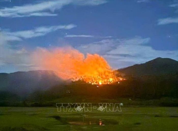 Hình ảnh vụ cháy rừng xảy ra trong chiều 7/6/2026 tại khu vực núi Rú Xuân, thuộc xã Phúc Lộc, tỉnh Nghệ An. Ảnh: TTXVN phát