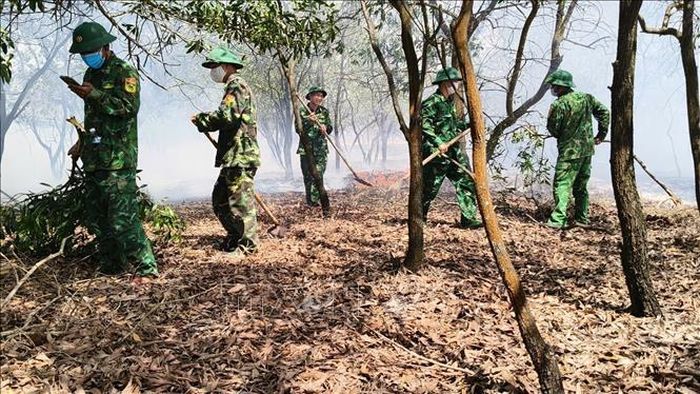 Lực lượng chức năng triển khai biện pháp khoanh vùng, khống chế đám cháy xảy ra tại khu vực rừng phòng hộ thuộc Tiểu khu 794, thuộc địa bàn thôn Phương An, xã Triệu Cơ (Quảng Trị). Ảnh: TTXVN phát