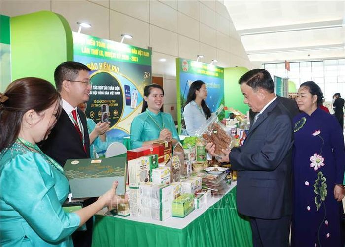 Thường trực Ban Bí thư Trần Cẩm Tú cùng các đại biểu tham quan gian trưng bày nông sản tại Đại hội. Ảnh: Phương Hoa/TTXVN
