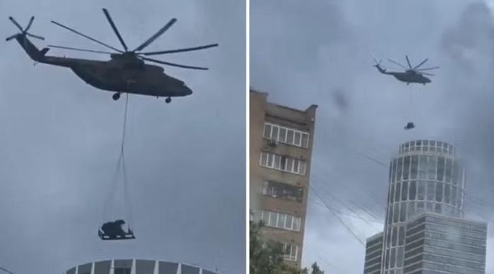 Nga điều trực thăng Mi-26 đặt hệ thống Pantsir-SMD-E trên nóc nhà ở Moscow. Ảnh: MW.