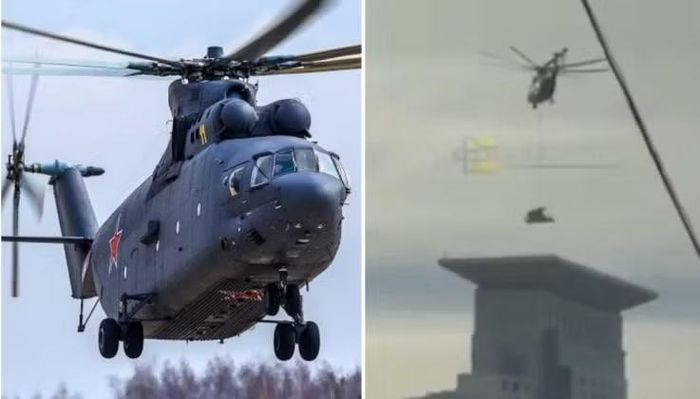 Máy bay trực thăng Mi-26 và vị trí đặt hệ thống Pantsir-SMD-E trên nóc nhà ở Moscow, Nga. Ảnh: MW.