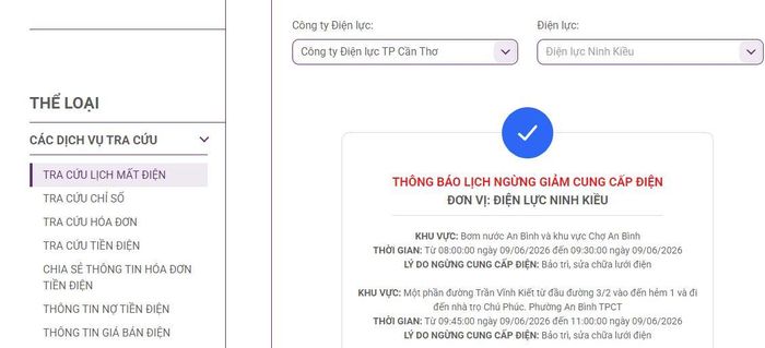 Lịch ngừng cấp điện tại Cần Thơ ngày mai 9/6 được cập nhật ngày 8/6 tại website của EVNSPC. Ảnh: BNEWS phát