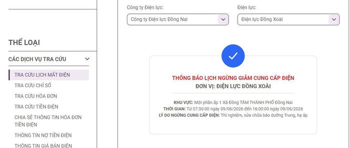Lịch ngừng cấp điện tại Đồng Nai ngày mai 9/6 được cập nhật ngày 8/6 tại website của EVNSPC. Ảnh: BNEWS phát