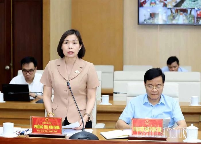 Phó Chủ tịch UBND tỉnh Phùng Thị Kim Nga điều hành thảo luận tại hội nghị.
