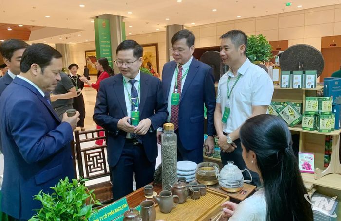 Đồng chí Đinh Quang Tuyên, Phó Bí thư Tỉnh ủy, Chủ tịch Ủy ban MTTQ tỉnh Thái Nguyên, cùng các đại biểu tham quan, thưởng trà tại gian hàng trưng bày, giới thiệu 12 sản phẩm OCOP và nông sản tiêu biểu của tỉnh Thái Nguyên.