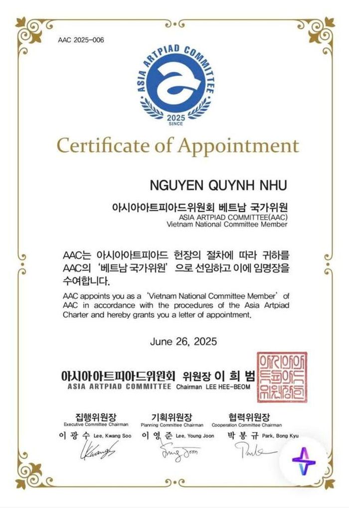 Theo quyết định vừa được công bố từ Asia Artpiad Committee (AAC) quốc tế, TS - Nhà thiết kế (TS-NTK) Quỳnh Paris sẽ đảm nhận vai trò Chủ tịch Asia Artpiad Committee Vietnam (AAC Vietnam), tổ chức thành viên của AAC quốc tế. Đây là một tổ chức được thành lập với sứ mệnh khôi phục tinh thần của "Thế vận hội Nghệ thuật" trong lịch sử, đồng thời thúc đẩy giao lưu, hợp tác và phát triển nghệ thuật trên toàn châu Á.