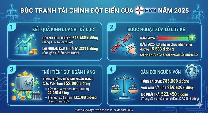 Bức tranh tài chính của EVN năm 2025: Lội ngược dòng ấn tượng với mức lãi ròng kỷ lục 51.881 tỷ đồng, chính thức xóa sạch khoản lỗ lũy kế hơn 38.500 tỷ đồng và tích lũy hơn 152.000 tỷ đồng tiền gửi ngân hàng.